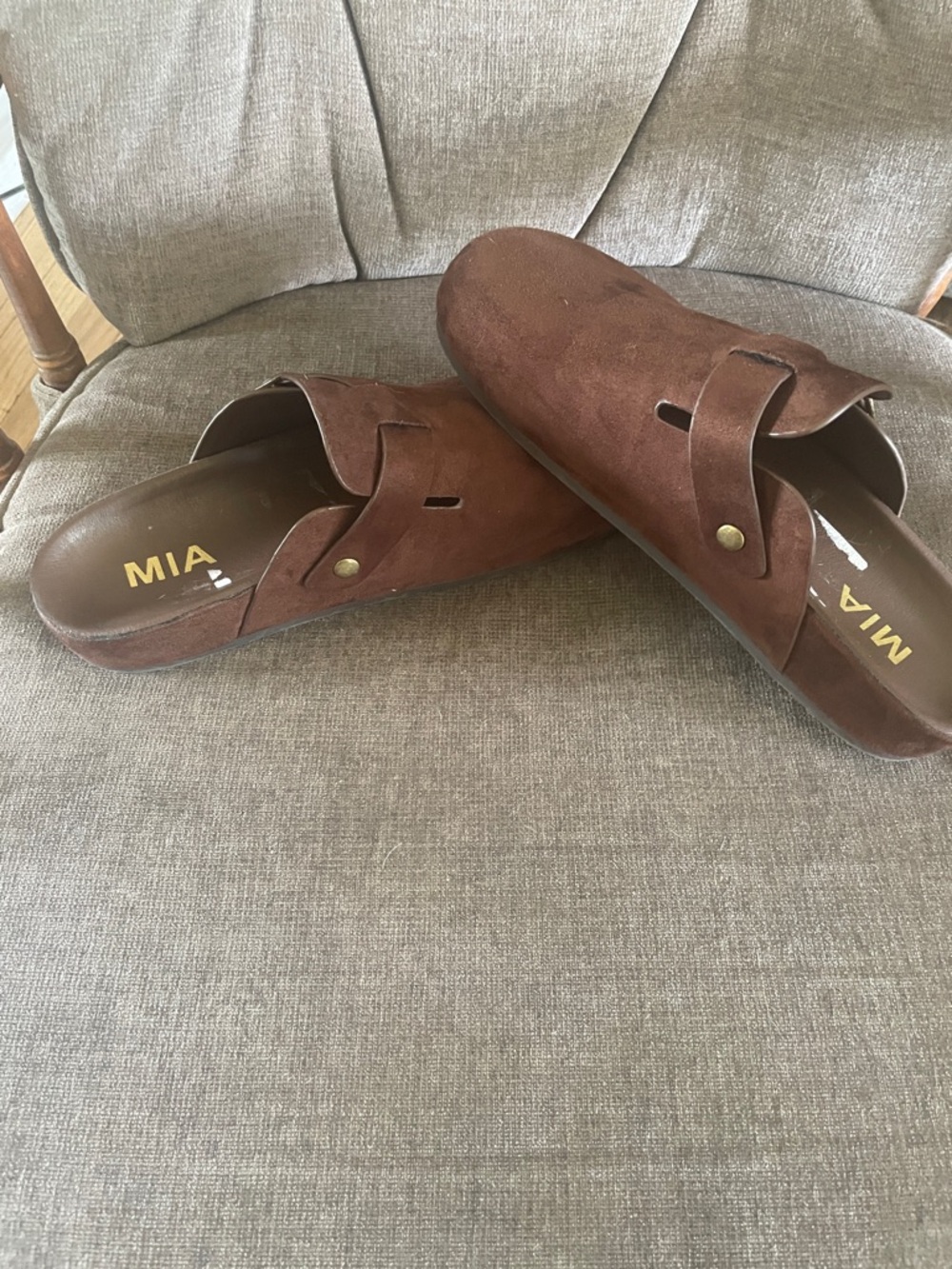 MIA Brown Suede Slip-Ons with Brass Accents